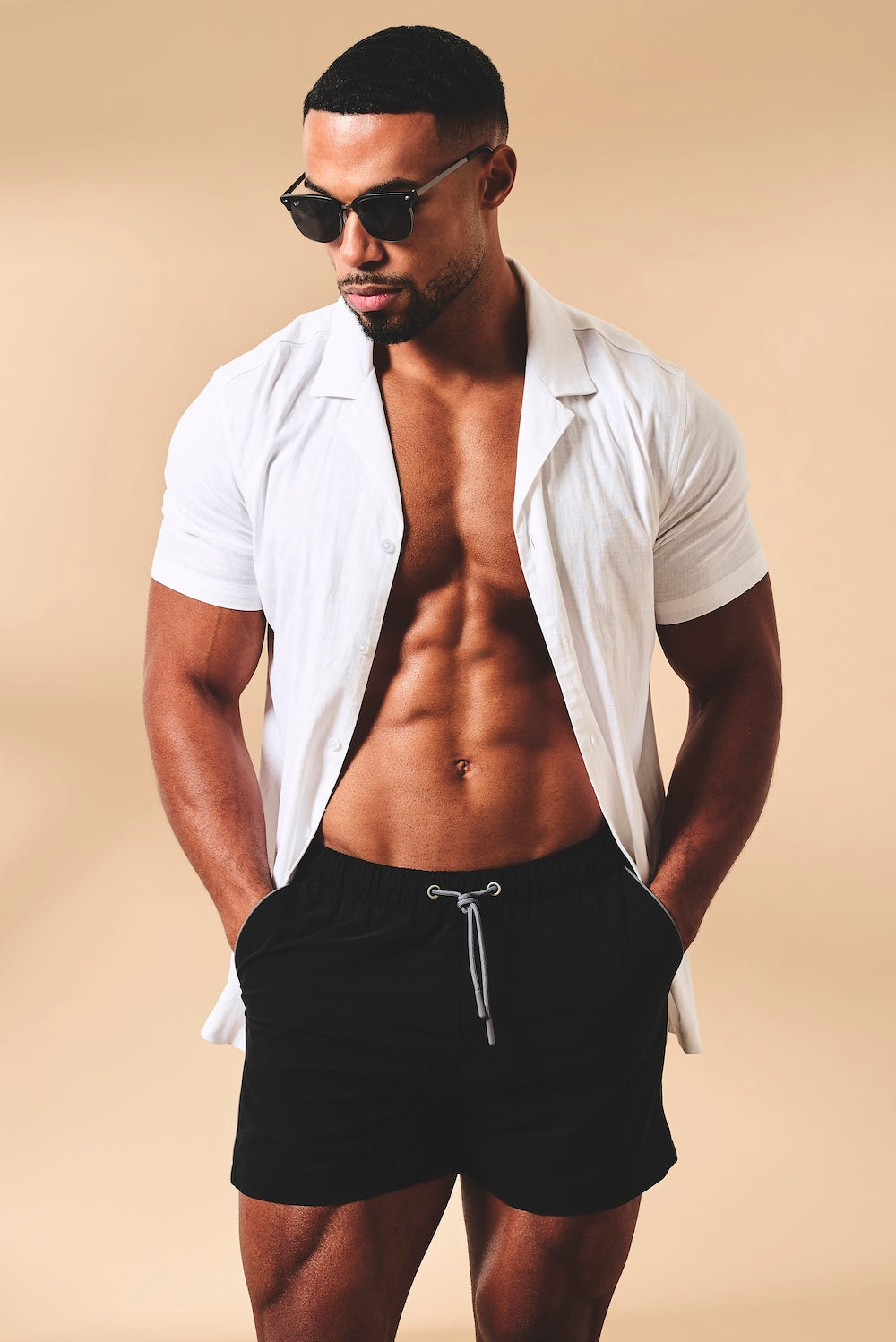 Quick Dry Piped Swim Short in Black and Graphite