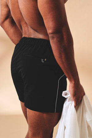 Quick Dry Piped Swim Short in Black and Graphite