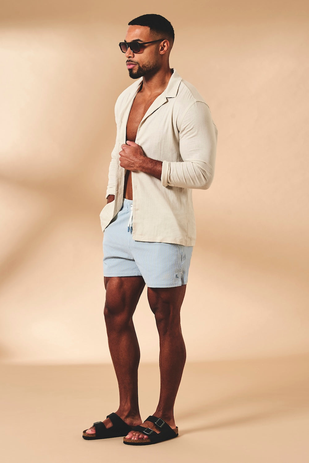 Quick Dry Seersucker Stripe Swim Shorts in Blue and White