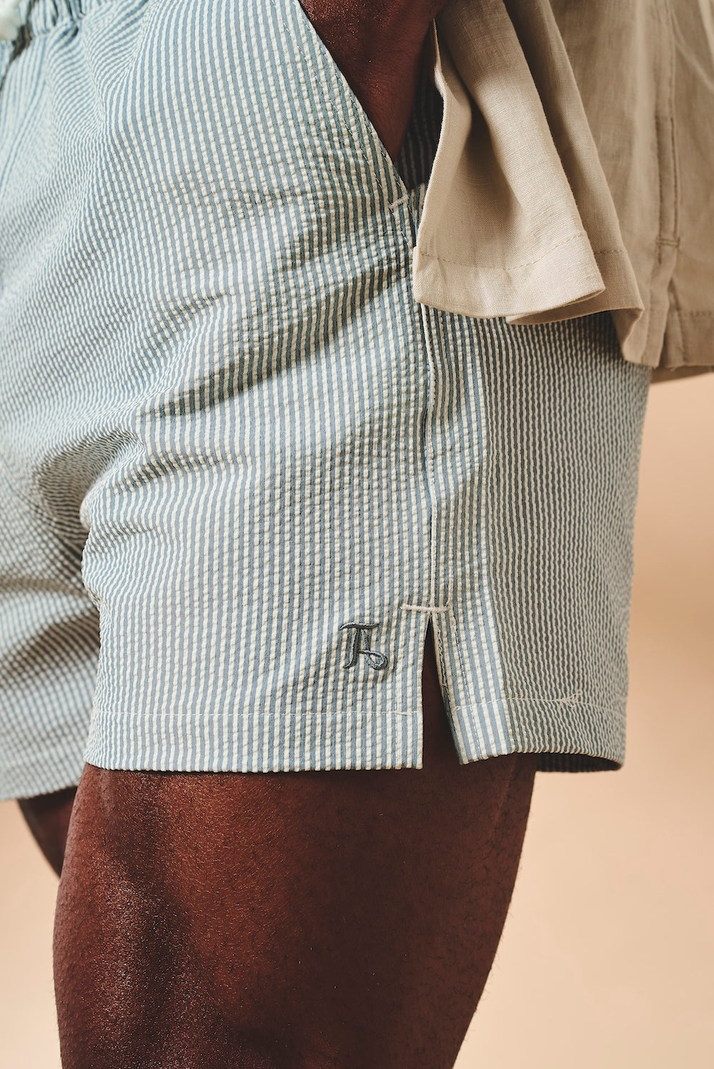 Quick Dry Seersucker Stripe Swim Short in Blue and White