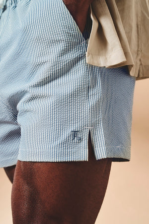 Quick Dry Seersucker Stripe Swim Shorts in Blue and White