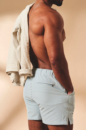 Quick Dry Seersucker Stripe Swim Short in Blue and White