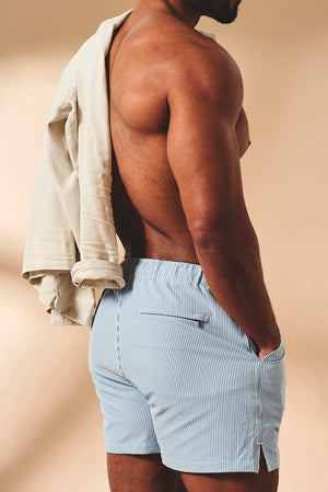Quick Dry Seersucker Stripe Swim Shorts in Blue and White