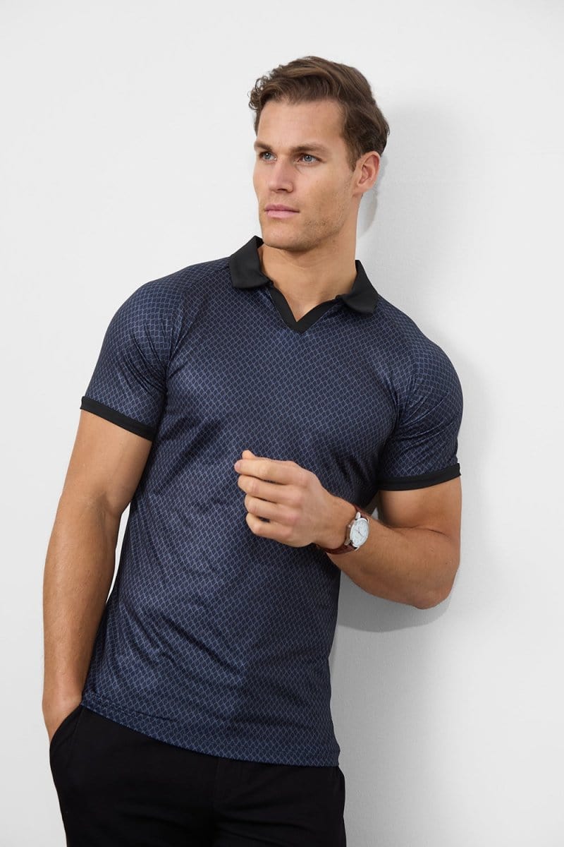 Retro Open Collar Polo Shirt in Square Geo Print - TAILORED ATHLETE - ROW