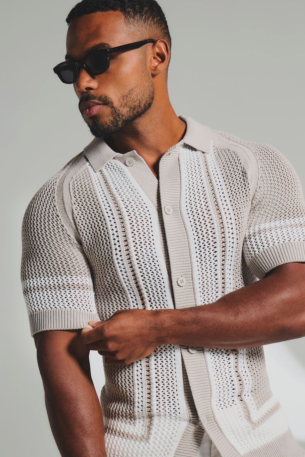 Colour Block Crochet Knitted Shirt in Mushroom and Chalk