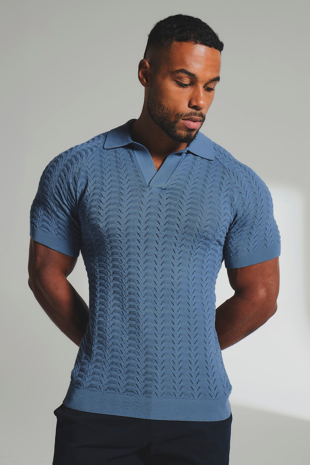 Pointelle Knitted Open Collar Polo Shirt in Blue