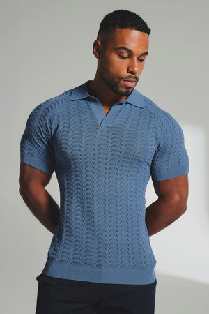 Pointelle Knitted Open Collar Polo Shirt in Blue