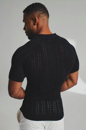 Pointelle Knitted Open Collar Polo Shirt in Black