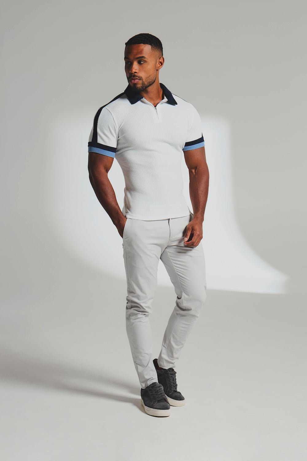 Colour Blocked Zip Neck Polo Shirt