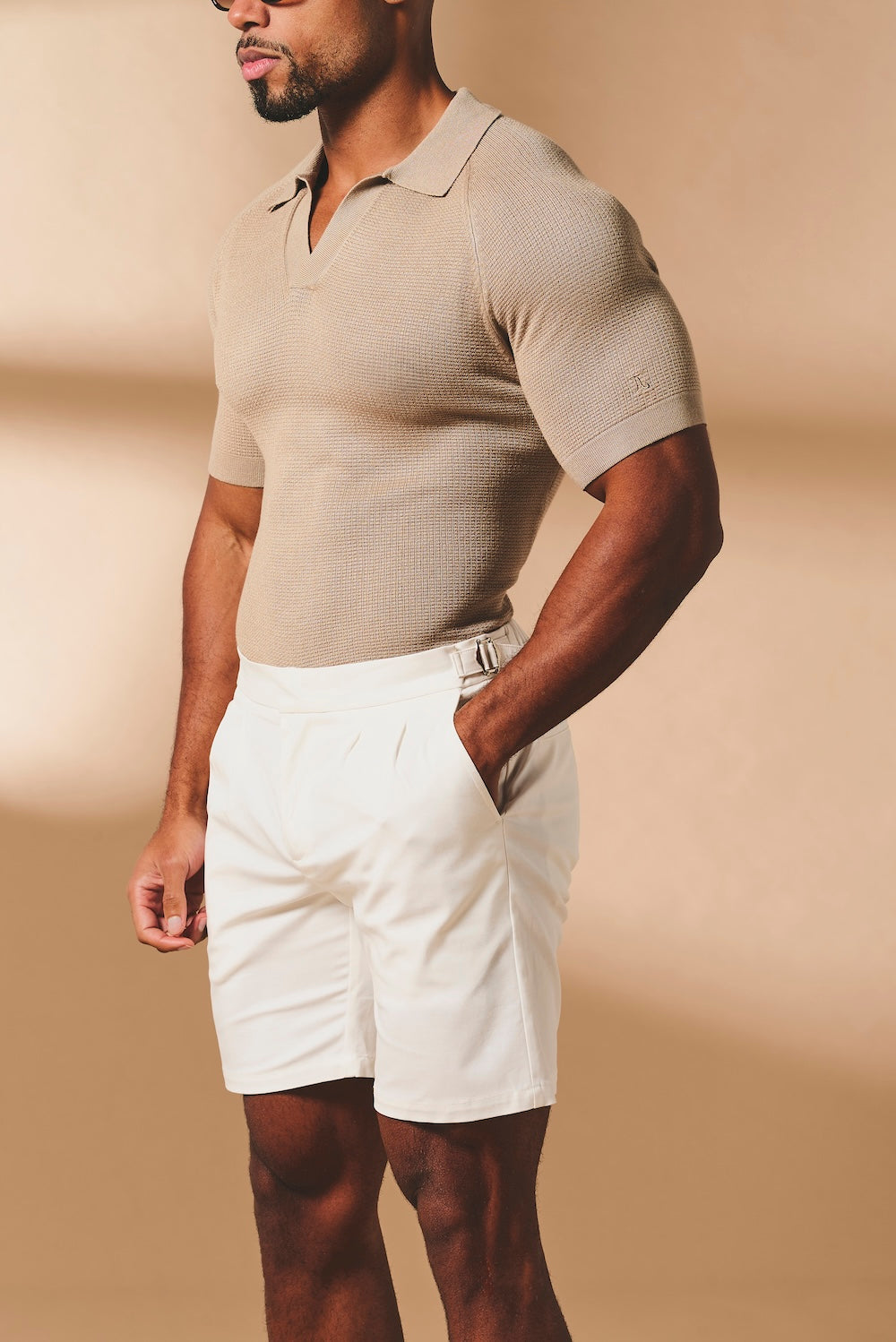 Smart Pleated Cotton Side Adjust Shorts in White