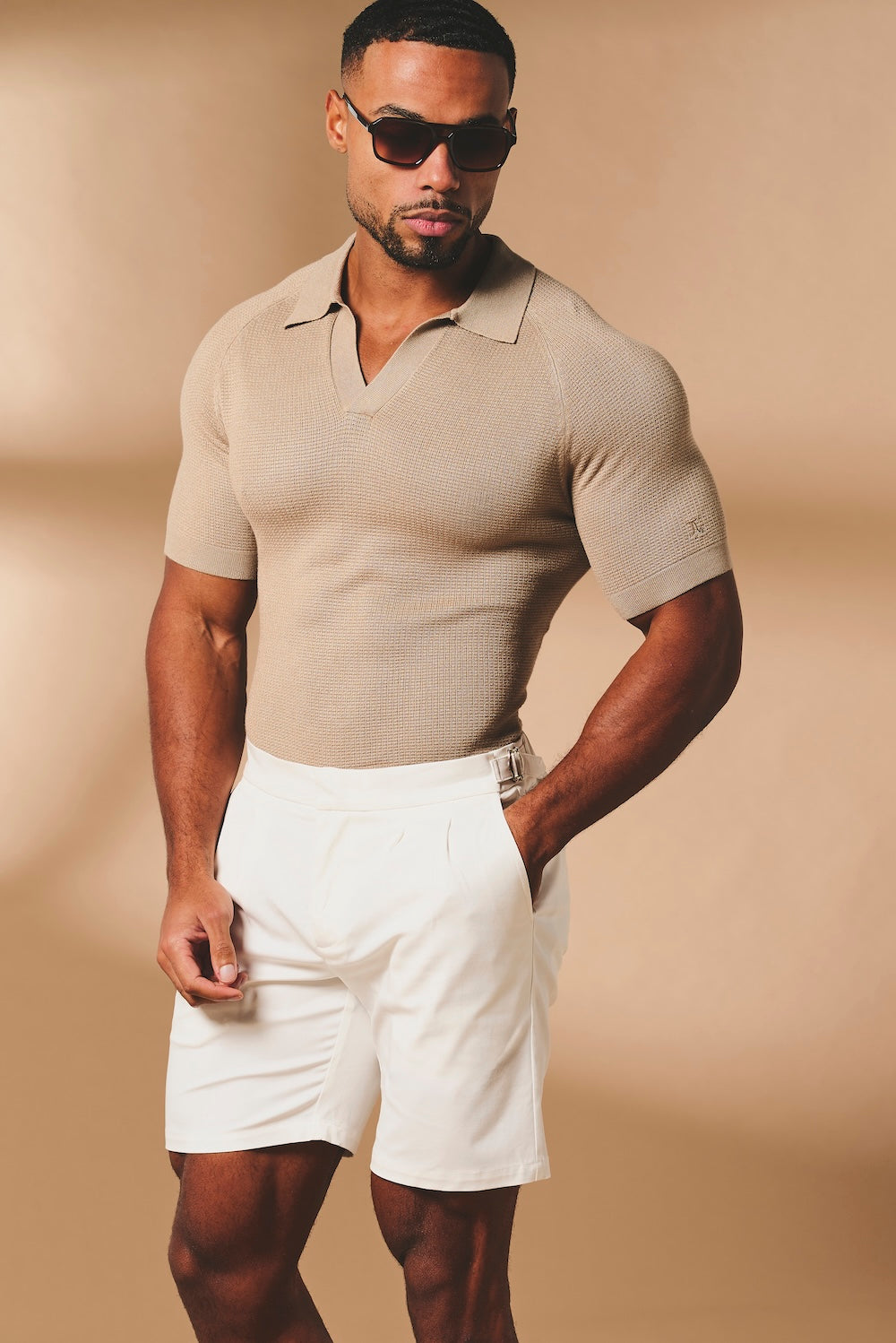 Smart Pleated Cotton Side Adjust Shorts in White