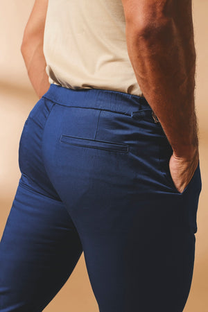 Smart Pleated Cotton Side Adjust Trouser in Navy