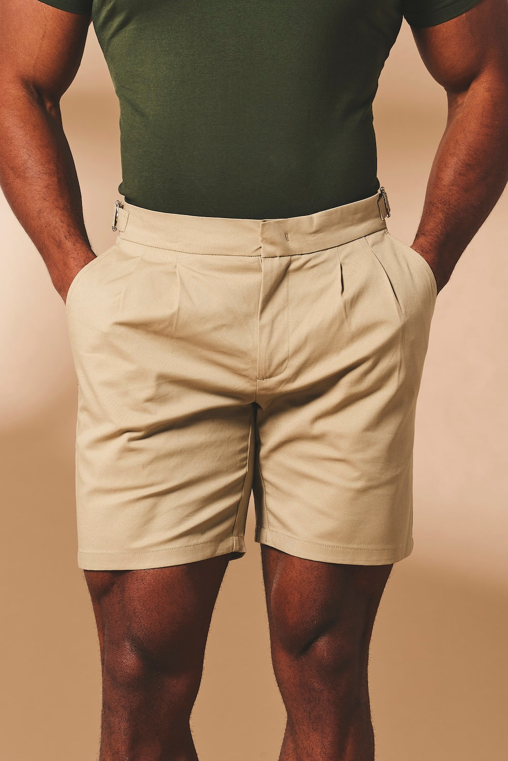 Smart Pleated Cotton Side Adjust Shorts in Stone