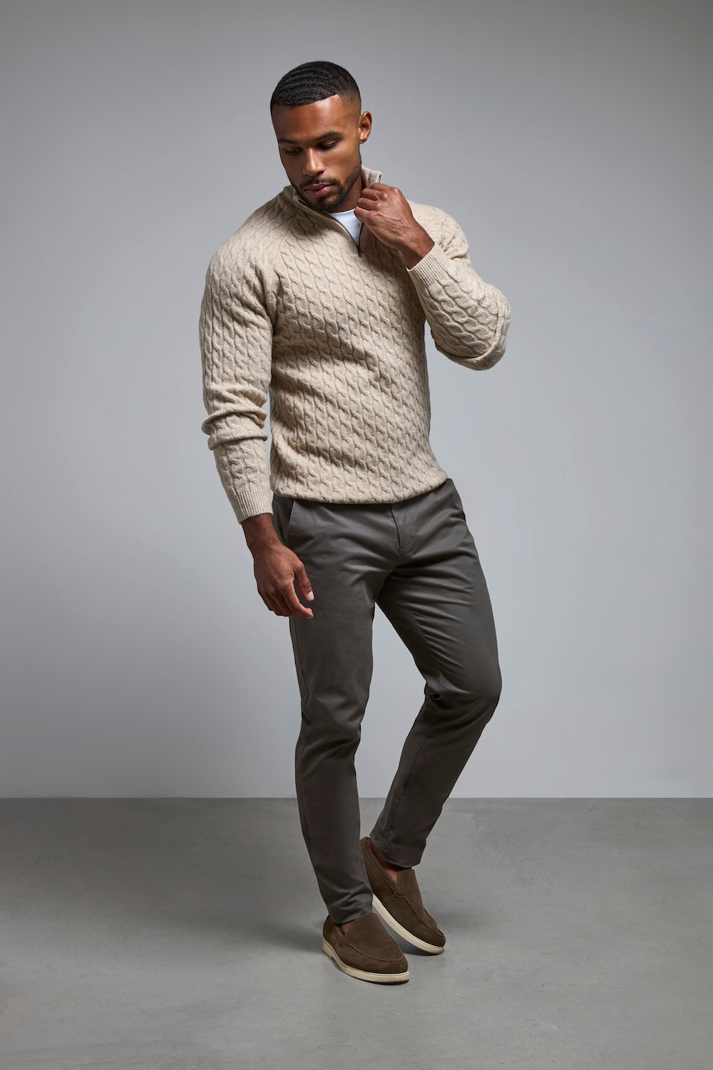 Soft Cable Half Zip Neck Jumper in Neutral Marl