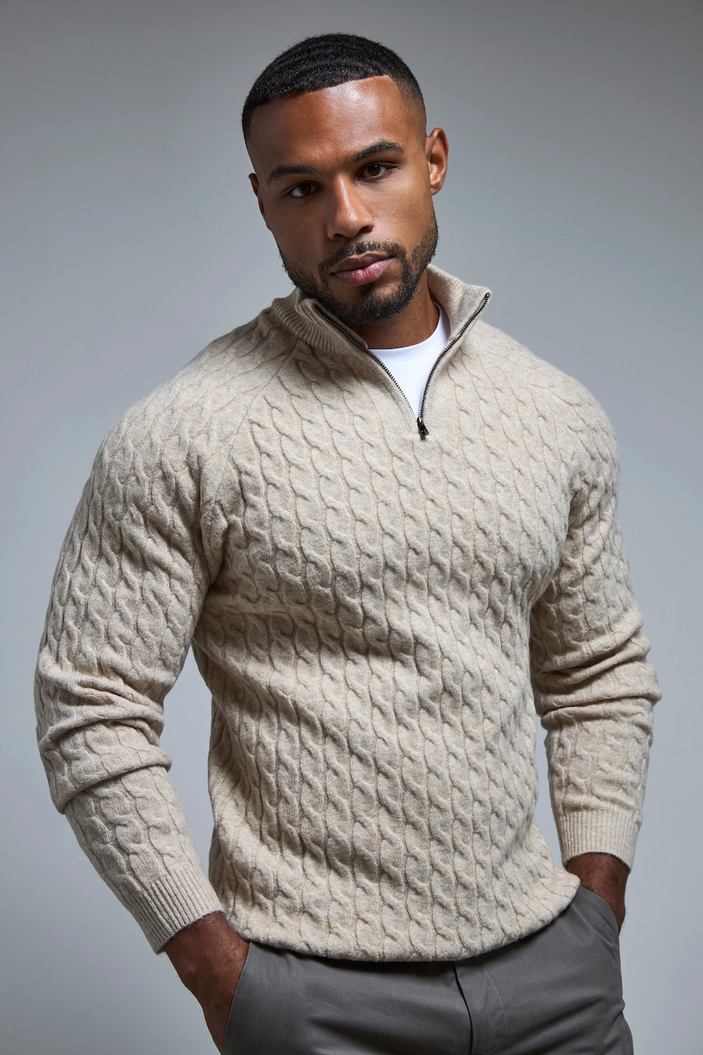 Soft Cable Half Zip Neck Jumper in Neutral Marl
