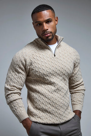 Soft Cable Half Zip Neck Jumper in Neutral Marl
