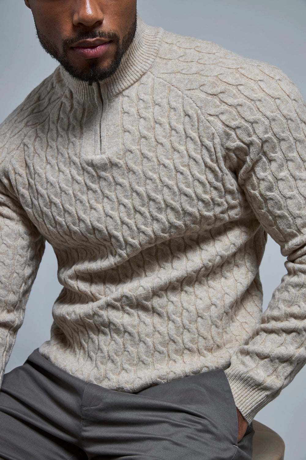 Soft Cable Half Zip Neck Jumper in Neutral Marl