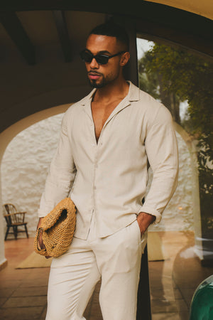 Stretch Linen Blend Cuban Collar Shirt in Stone