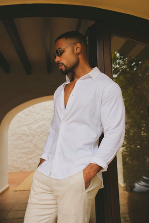 Stretch Linen Blend Button Through Shirt in White