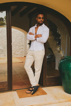 Stretch Linen Blend Button Through Shirt in White