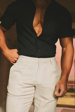 Stretch Linen Blend Single Pleated Trousers in Stone