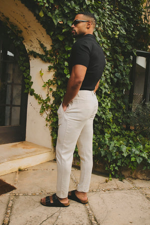 Stretch Linen Blend Single Pleated Trousers in Stone