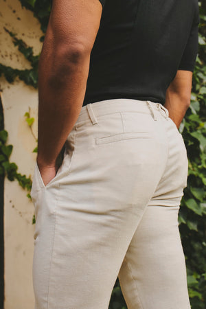 Stretch Linen Blend Single Pleated Trousers in Stone