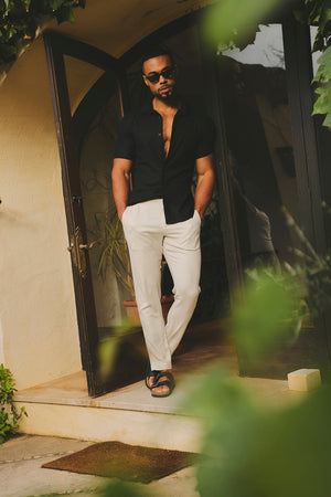 Stretch Linen Blend Single Pleated Trousers in Stone