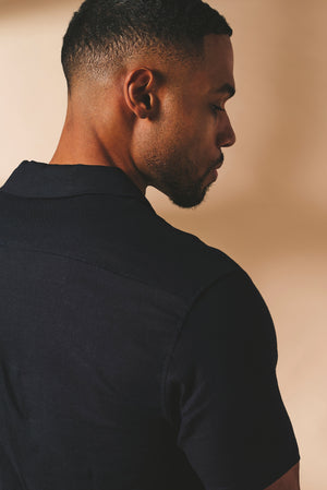 Stretch Linen Blend Cuban Collar Shirt in Navy