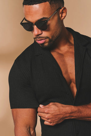 Stripe Patterned Cuban Collar Shirt in Black