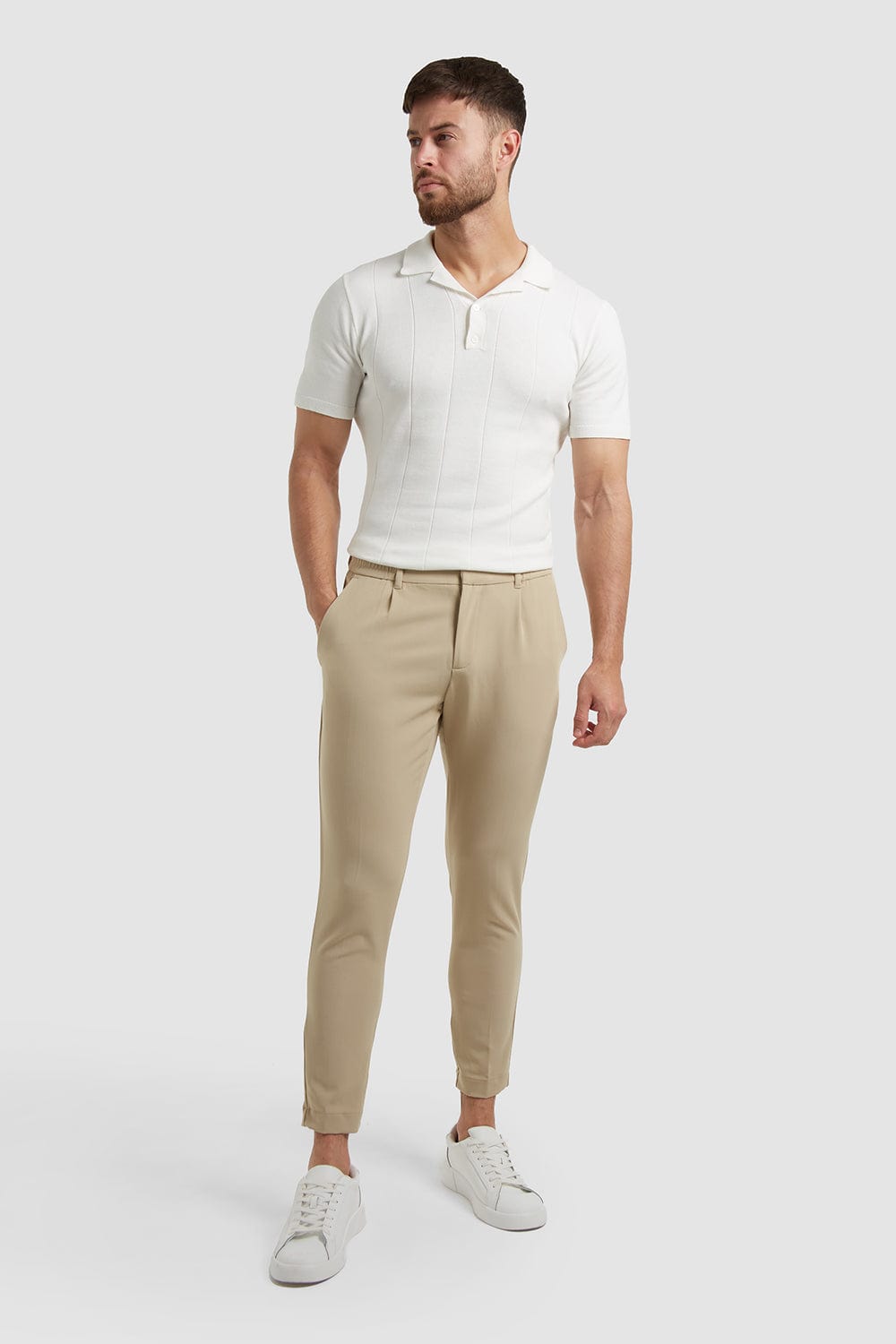 Cropped Pleated Trouser in Stone - TAILORED ATHLETE - ROW