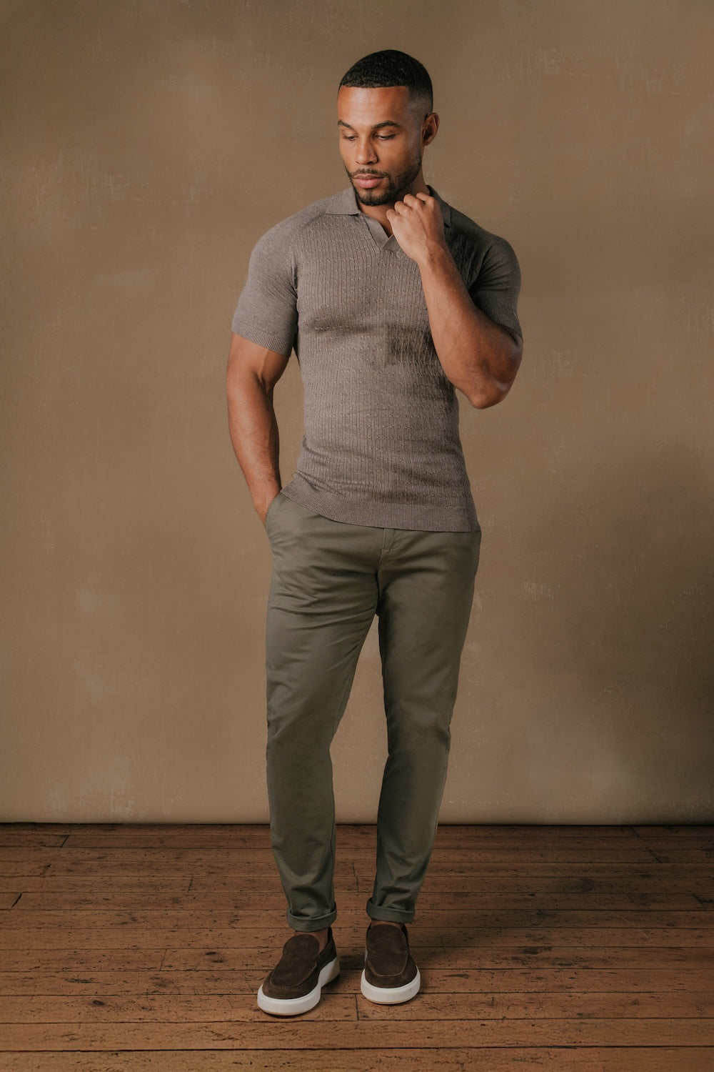 Fine Cable Knitted Polo Shirt in Dark Mocha Marl