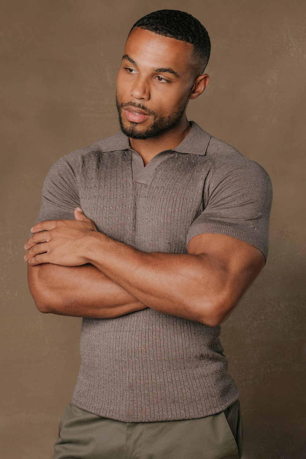 Fine Cable Knitted Polo Shirt in Dark Mocha Marl