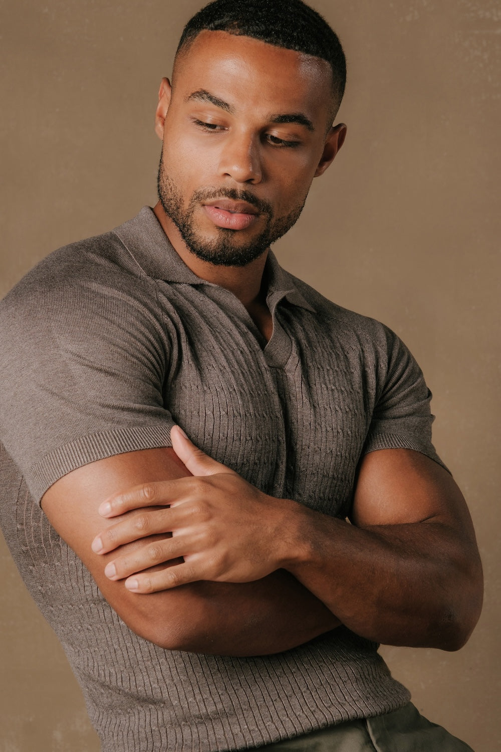 Fine Cable Knitted Polo Shirt in Dark Mocha Marl