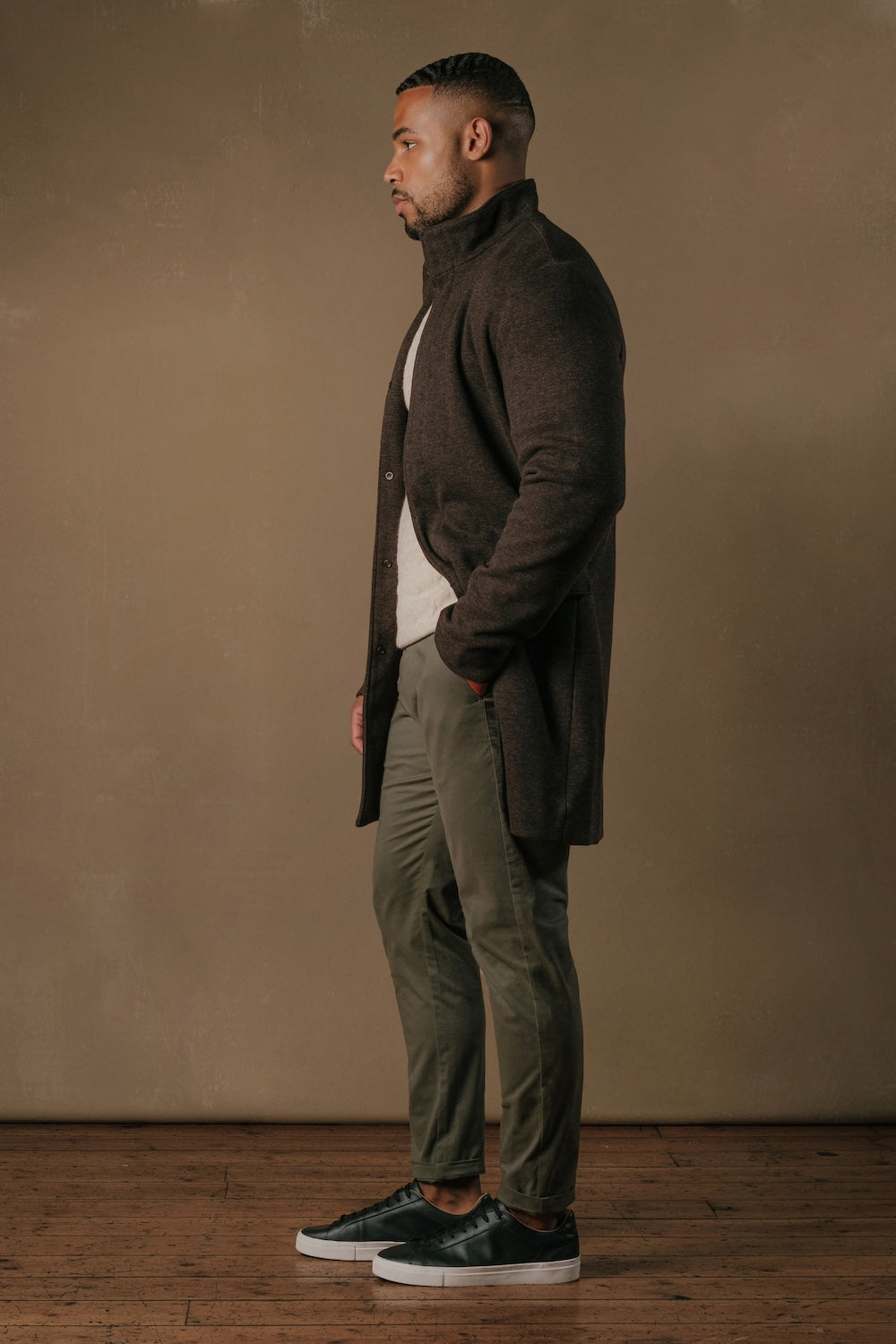 Herringbone Funnel Neck Overcoat in Mocha