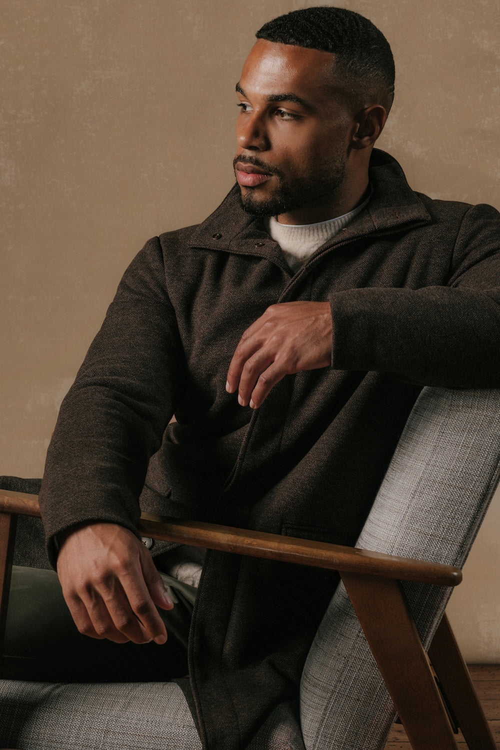 Herringbone Funnel Neck Overcoat in Mocha