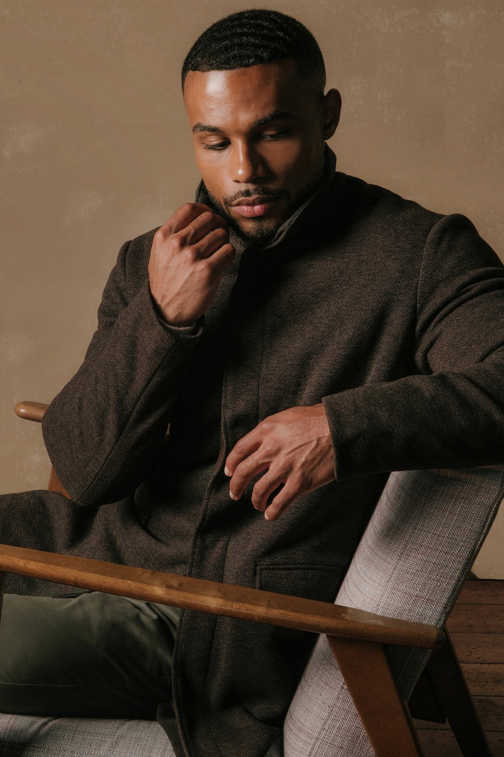 Herringbone Funnel Neck Overcoat in Mocha