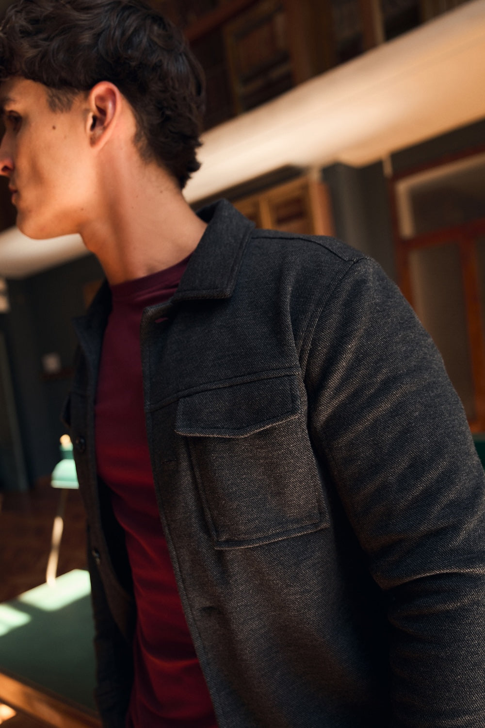 Lined Twill Melange Shacket in Dark Charcoal