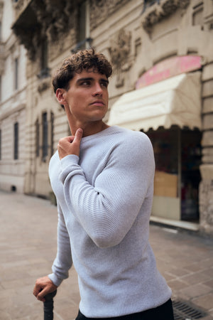 Pure Cotton Knitted Textured Crew Neck Jumper in Soft Grey Marl