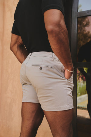 Muscle Fit Stretch Chino Shorts - Shorter Length in Pale Grey