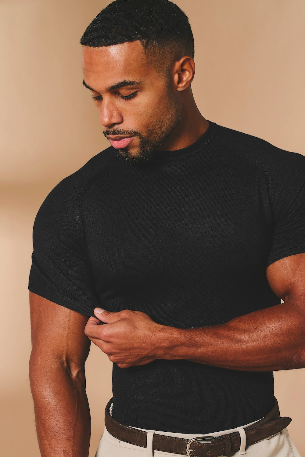 Fine Gauge Knitted T-Shirt in Black