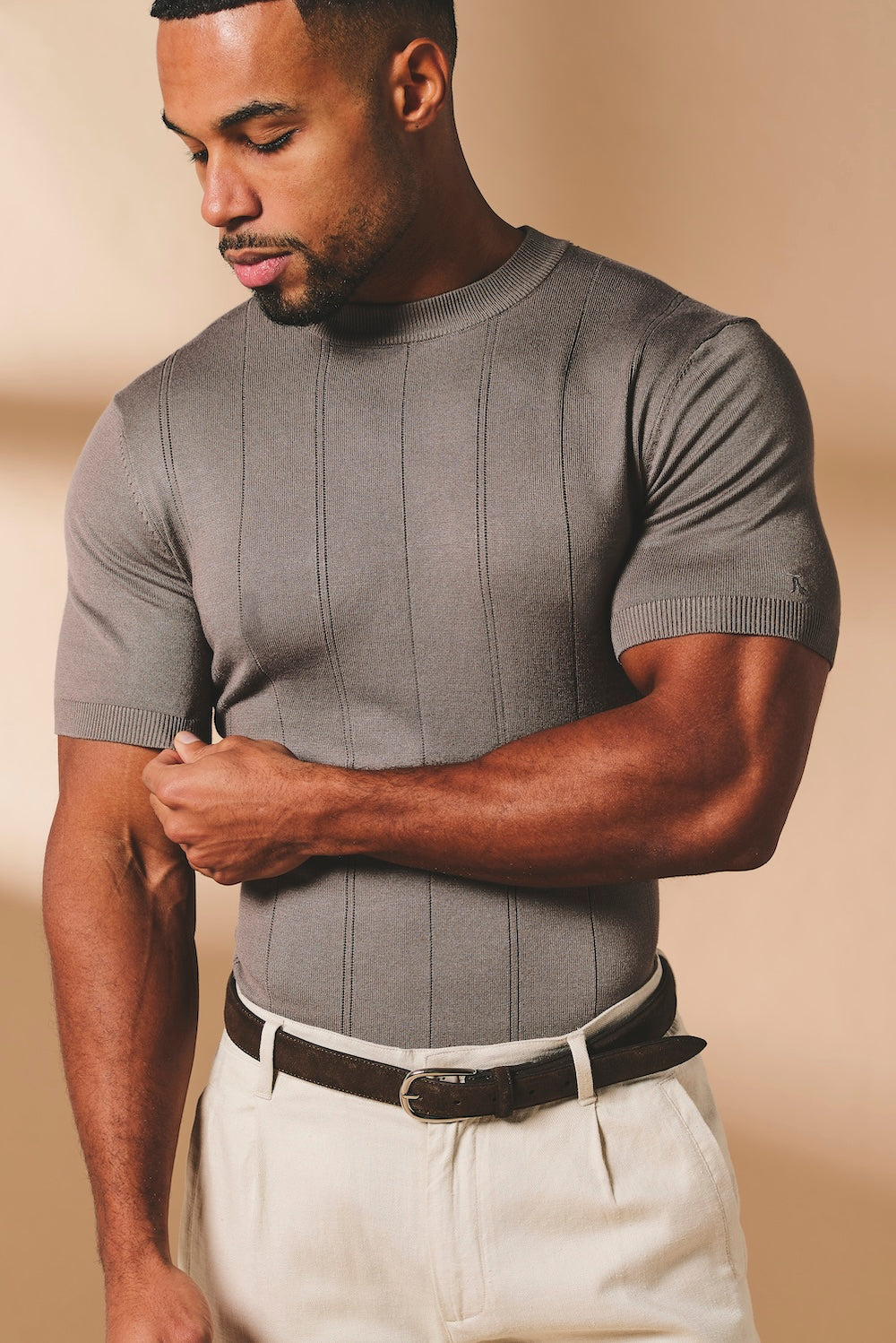 Vertical Stripe Knitted T-Shirt in Taupe