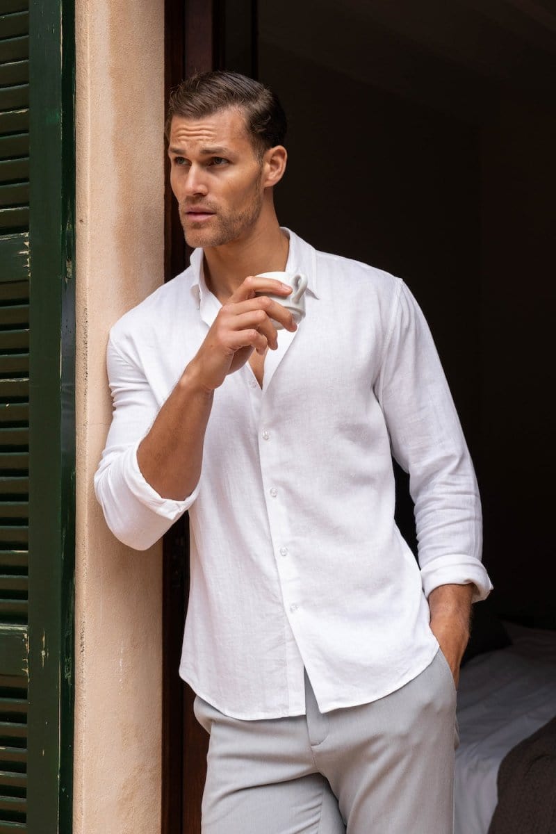 Linen Blend Button Through Shirt in White - TAILORED ATHLETE - ROW