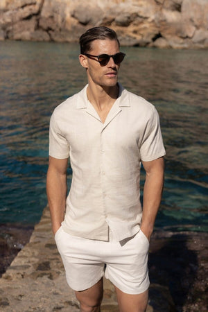 Linen Blend Cuban Collar Shirt in Stone - TAILORED ATHLETE - ROW