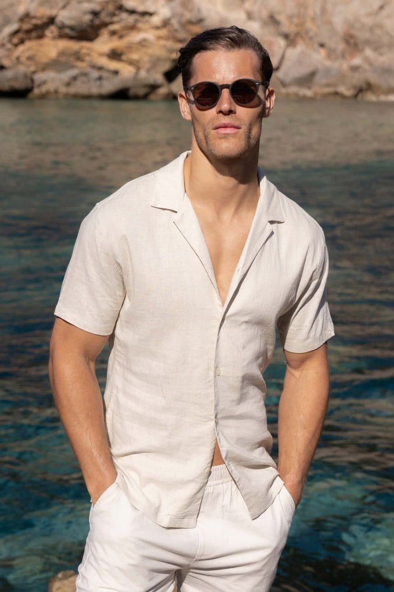 Linen Blend Cuban Collar Shirt in Stone - TAILORED ATHLETE - ROW