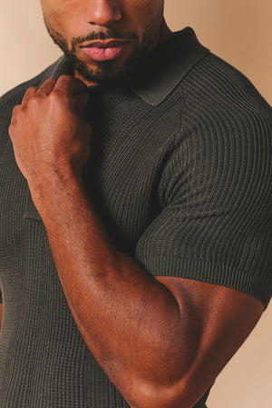 Vertical Stripe Knitted Polo Shirt in Khaki