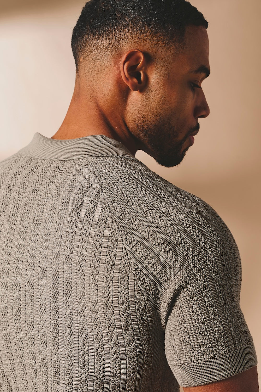 Vertical Stripe Knitted Open Collar Polo Shirt in Mole