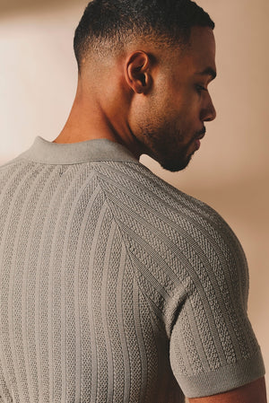 Vertical Stripe Knitted Open Collar Polo Shirt in Mole