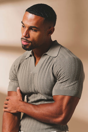 Vertical Stripe Knitted Open Collar Polo Shirt in Mole