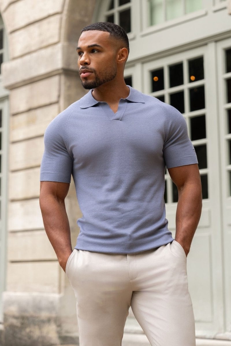 Textured Open Collar Knitted Polo Shirt in Soft Slate - TAILORED ATHLETE - ROW